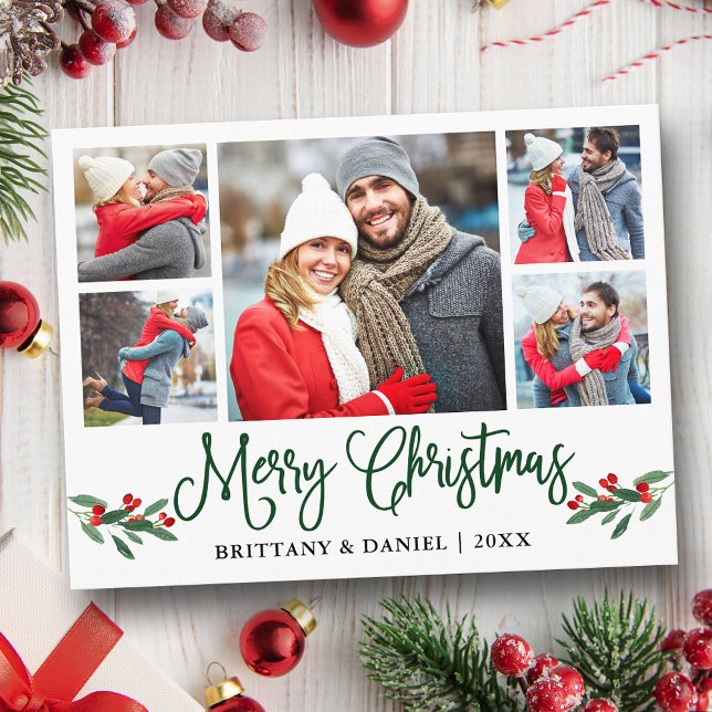 Fun Calligraphy Holly 5 Photo Couple Christmas Postcard (Customize to change your personalized text size or text style.)