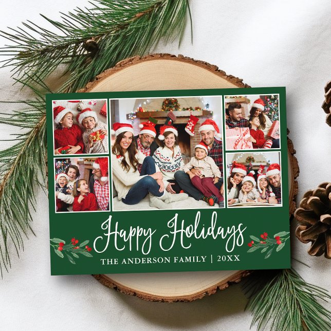 Fun Calligraphy Holly 5 Photo Happy Holidays Green Postcard (Customize to change your personalized text size or text style.)