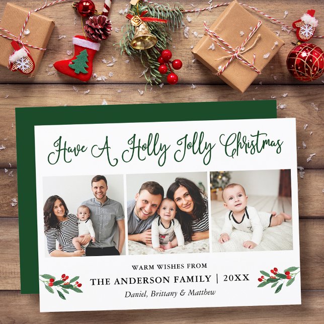 Fun Calligraphy Holly Jolly Christmas Berries Holiday Card (Customize to add text to back of card or to change color of back of card.)