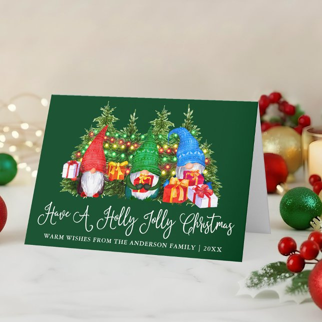Fun Calligraphy Holly Jolly Christmas Gnomes Fold Holiday Card (Customize to add text to inside of card.)
