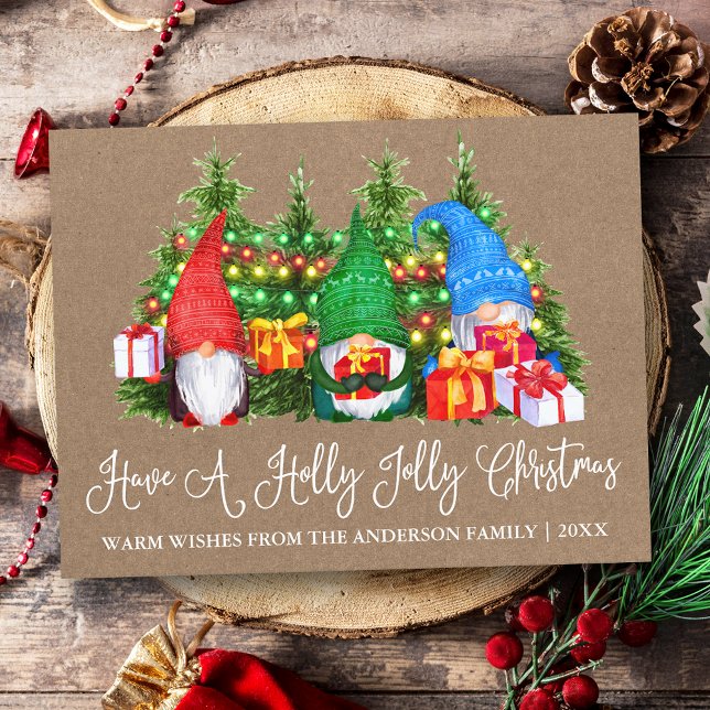 Fun Calligraphy Holly Jolly Kraft Christmas Gnomes Postcard (Customize to change your personalized text size or text style.)