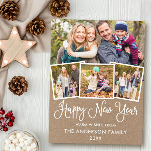 Fun Calligraphy Kraft Happy New Year 4 Photo Postcard