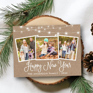 Fun Calligraphy Kraft Lights 3 Photo New Year Postcard