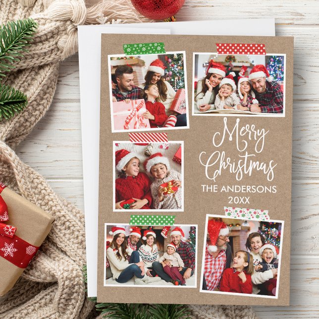 Fun Calligraphy Kraft Merry Christmas Craft Tape Holiday Card (Customize to add text to back of card.)