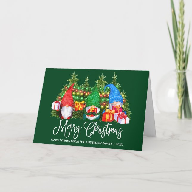 Fun Calligraphy Merry Christmas Gnomes Green Fold Holiday Card (Front)