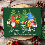 Fun Calligraphy Merry Christmas Gnomes Green Postcard<br><div class="desc">Modern Fun Calligraphy Script Merry Christmas Watercolor Gnomes Postcard with Pine Trees and colourful string lights. Family Name and Year - Forest Green Background</div>