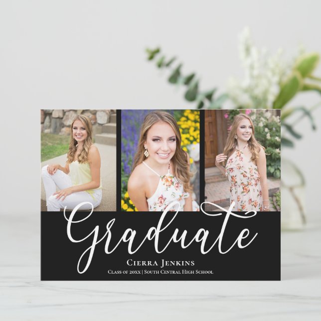 Fun Calligraphy Photo Black Graduation Party Invitation (Standing Front)