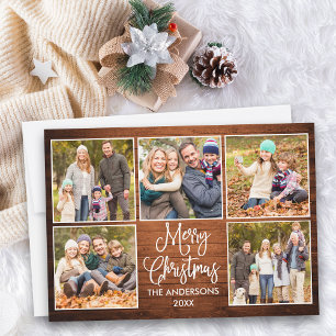 Fun Calligraphy Rustic Wood 5 Photo Christmas Holiday Card