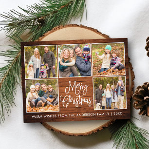 Fun Calligraphy Rustic Wood 5 Photo Christmas Postcard