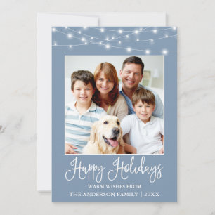 Fun Calligraphy String Lights Photo Blue Holiday Card