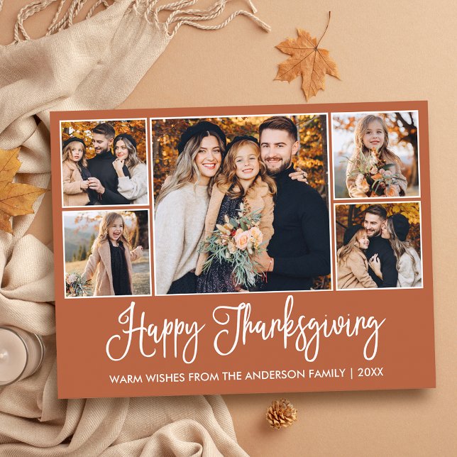 Fun Calligraphy Terracotta 5 Photo Thanksgiving Postcard (Customize to change your personalized text size or text style.)