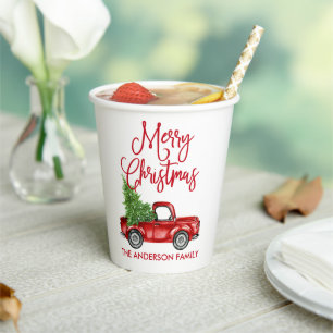 Fun Calligraphy Vintage Red Truck Christmas Paper Cups