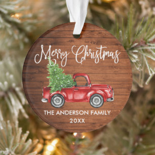 Fun Calligraphy Vintage Red Truck Wood Christmas Ornament