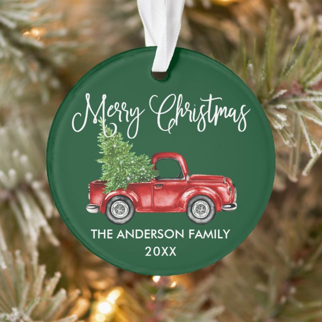 Fun Calligraphy Vintage Truck Christmas Green Ornament (Tree)