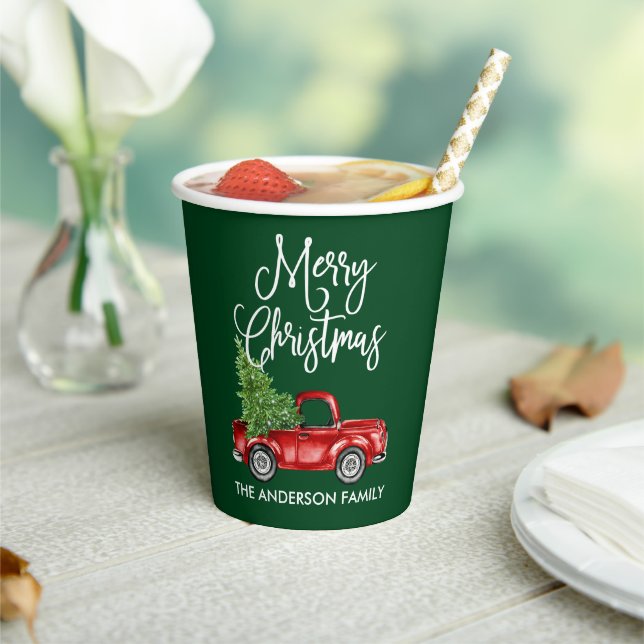 Fun Calligraphy Vintage Truck Christmas Green Paper Cups (Insitu)