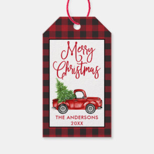 Fun Calligraphy Vintage Truck Christmas Plaid Gift Tags