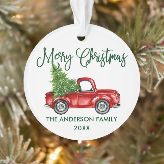 Fun Calligraphy Vintage Truck Green Christmas Ornament (Tree)