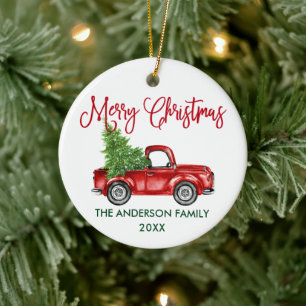 Fun Calligraphy Vintage Truck Red Green Christmas Ceramic Tree Decoration