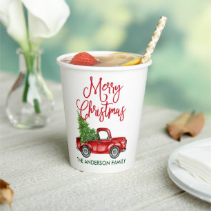 Fun Calligraphy Vintage Truck Red Green Christmas Paper Cups