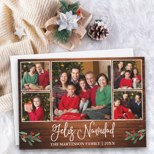 Fun Calligraphy Wood 5 Photo Feliz Navidad Holiday Card