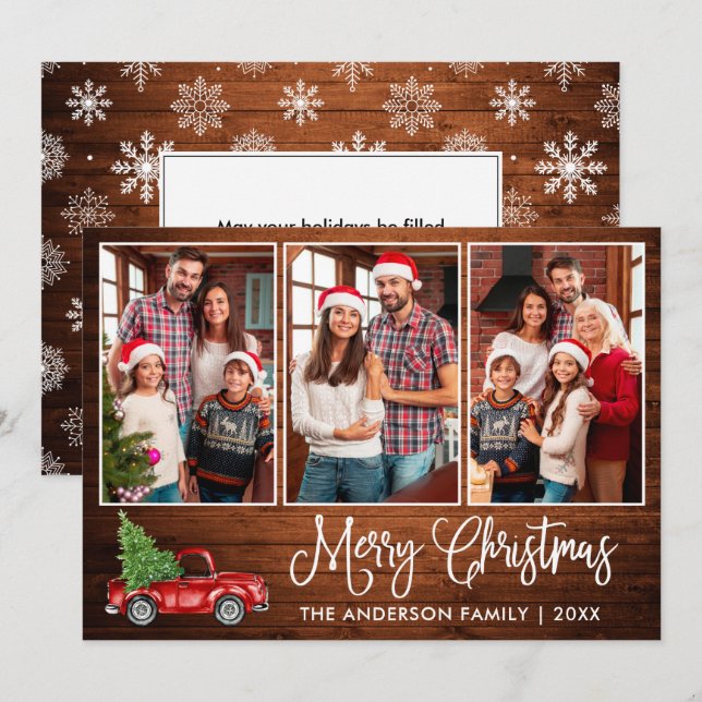 Fun Calligraphy Wood Christmas Red Truck 3 Photo Holiday Card (Front/Back)