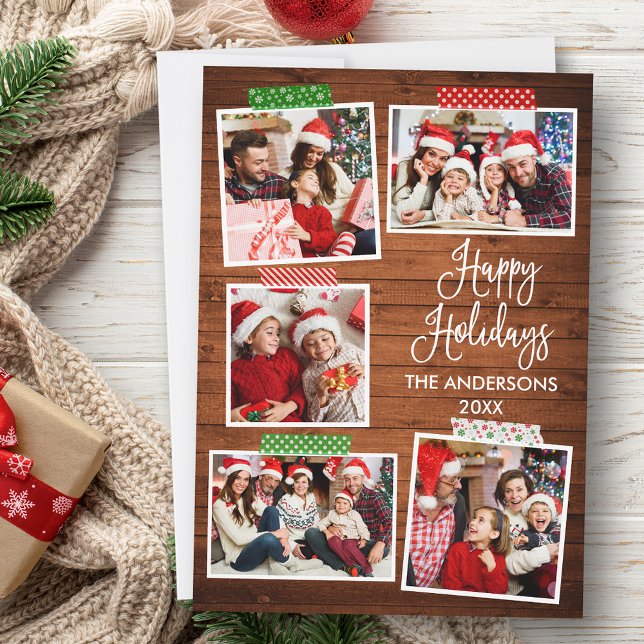 Fun Calligraphy Wood Happy Holidays Craft Tape Holiday Card (Customize to add text to back of card.)