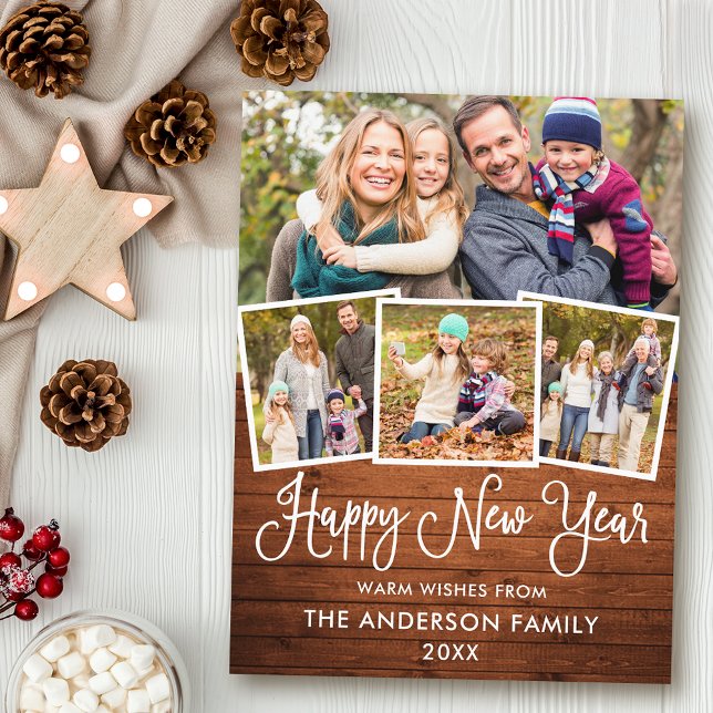 Fun Calligraphy Wood Happy New Year 4 Photo Postcard (Customize to change your personalized text size or text style.)