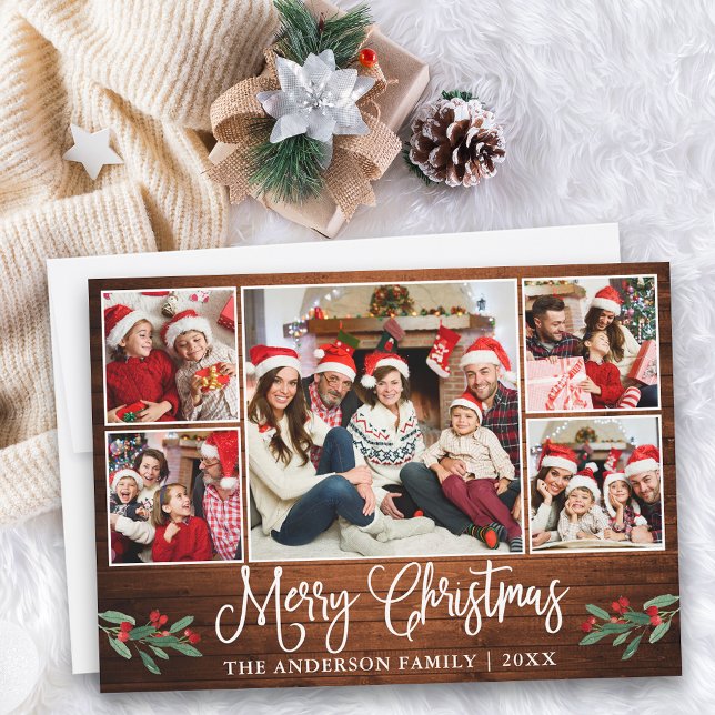 Fun Calligraphy Wood Holly 5 Photo Christmas Holiday Card (Customize to add text to back of card.)