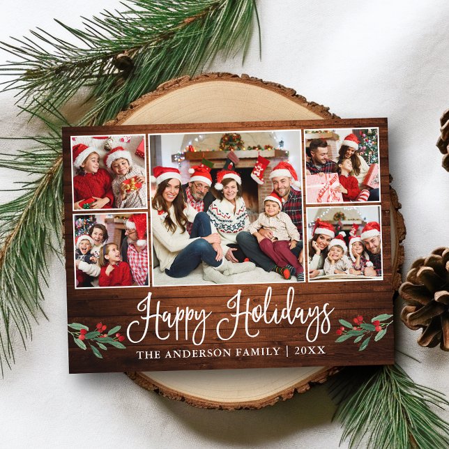 Fun Calligraphy Wood Holly 5 Photo Happy Holidays Postcard (Customize to change your personalized text size or text style.)