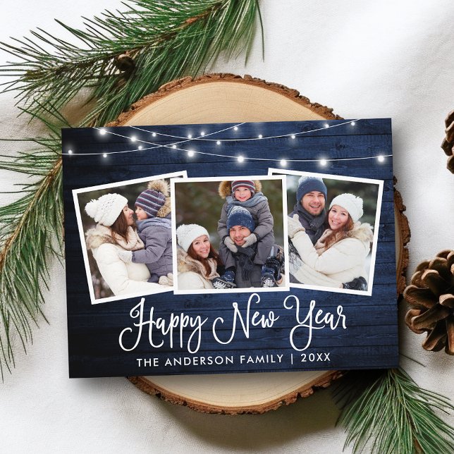 Fun Calligraphy Wood Lights 3 Photo Happy New Year Postcard (Customize to change your personalized text size or text style.)