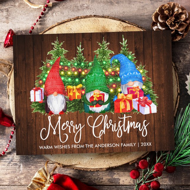 Fun Calligraphy Wood Merry Christmas Gnomes Postcard (Customize to change your personalized text size or text style.)