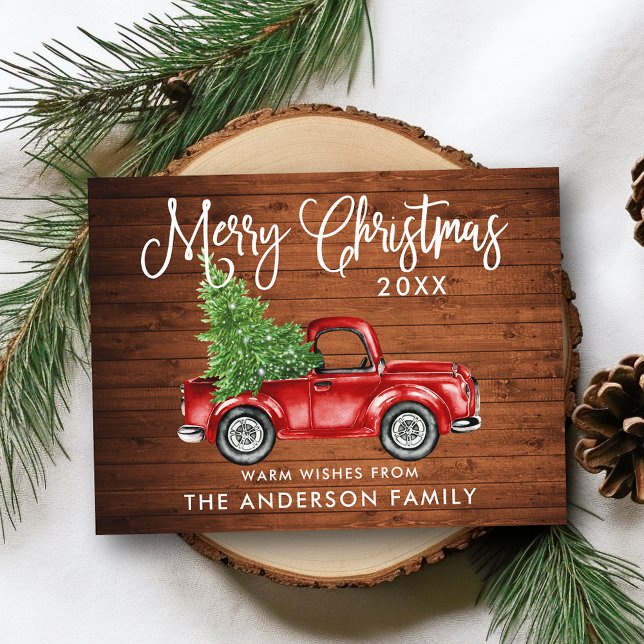 Fun Calligraphy Wood Vintage Truck Tree Christmas Postcard (Customize to change your personalized text size or text style.)