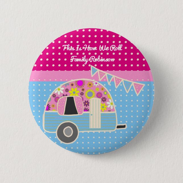 Fun Camper Camping Party Supplies Pink Blue Retro 6 Cm Round Badge (Front)