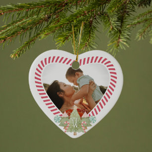 Fun Candy Cane Heart Photo Frame Monogram Keepsake Ceramic Tree Decoration