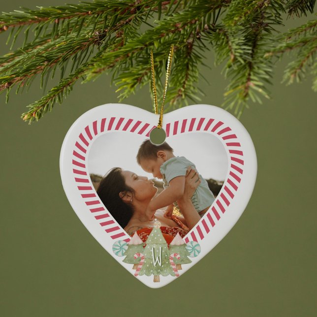 Fun Candy Cane Heart Photo Frame Monogram Keepsake Ceramic Tree Decoration (Fun Candy Cane Heart Photo Frame Monogram Keepsake Ceramic Ornament)