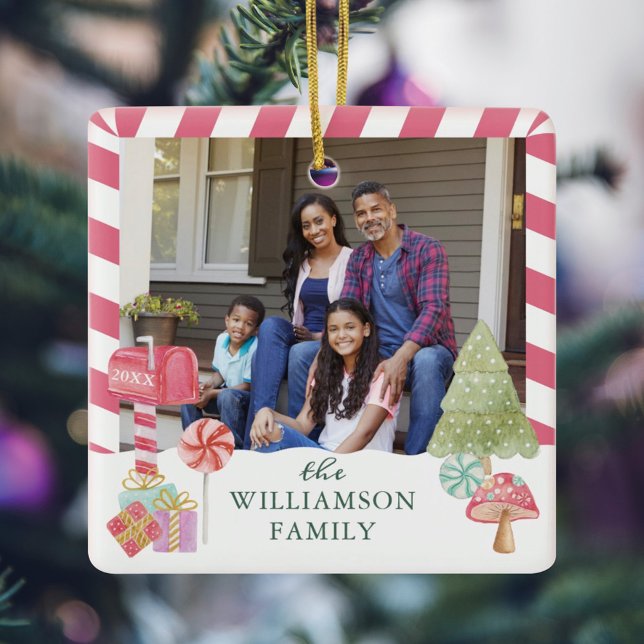 Fun Candy Cane Holiday Family Photo Ceramic Ornament (Creator Uploaded)