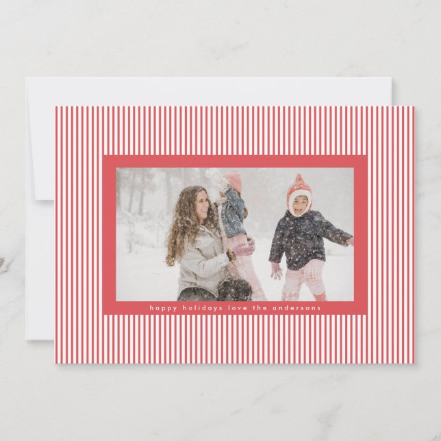 Fun Candy Red Merry Christmas Pin Stripe Photo Holiday Card (Front)