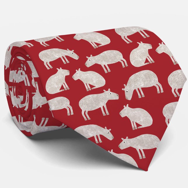 Fun Capybara Pattern Red Tie (Fun capybara pattern festive red Christmas neck tie)