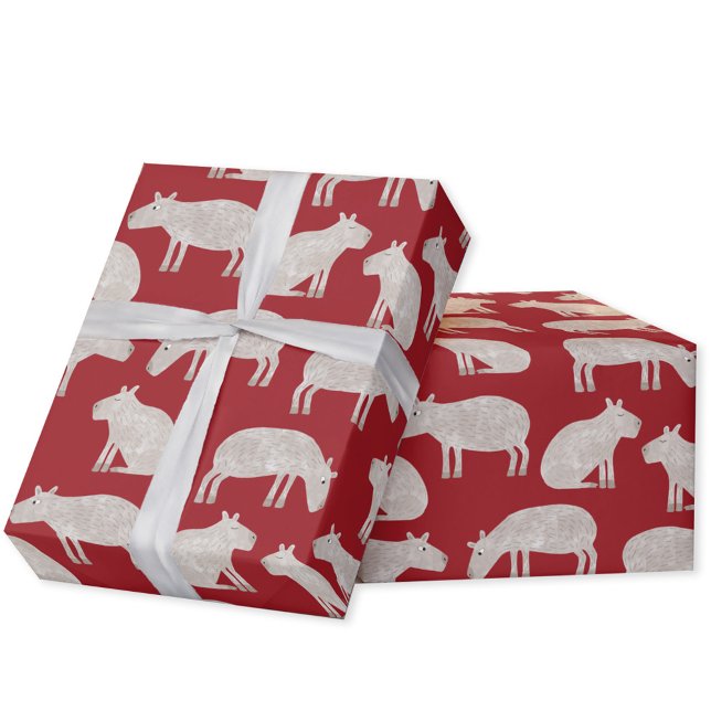 Fun Capybara Red Christmas Wrapping Paper (Fun capybara red pattern Christmas gift wrap for the winter holidays.)
