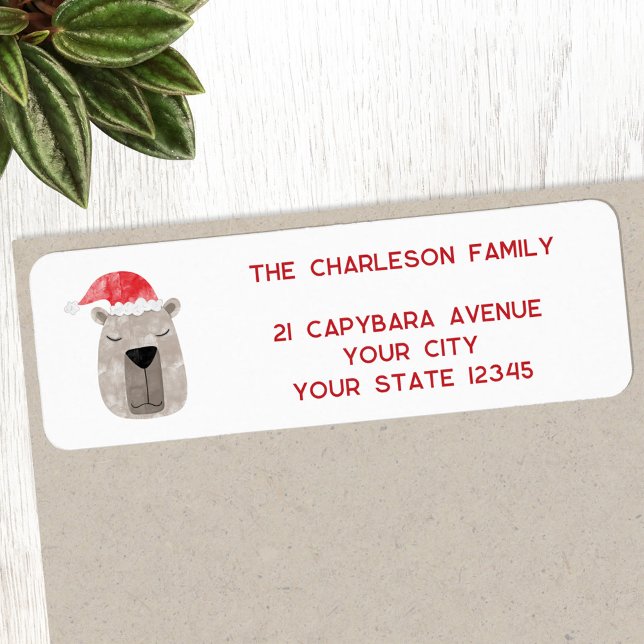 Fun Capybara Santa Hat Return Address (Fun Capybara Santa Hat whimsical holiday personalized return address labels)