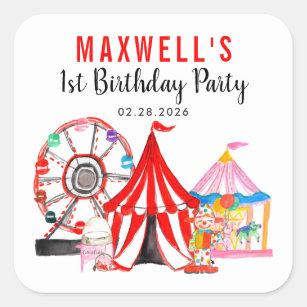 Fun Carnival Circus Festival Show Kids Birthday Square Sticker