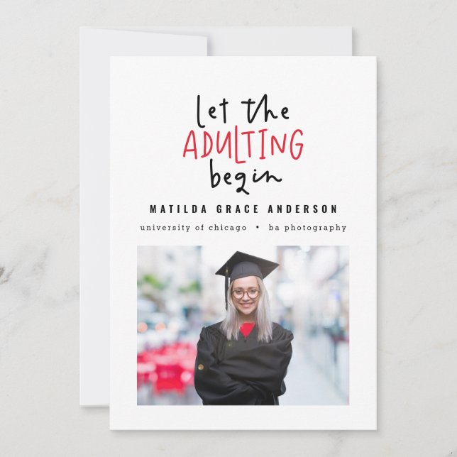Fun cartoon adulting graduation photo announcement (Front)