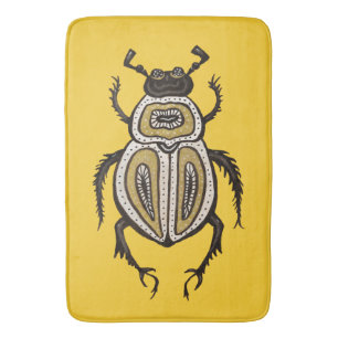 Fun Cartoon Beetle Ink Drawn Insect Art on Yellow Bath Mat