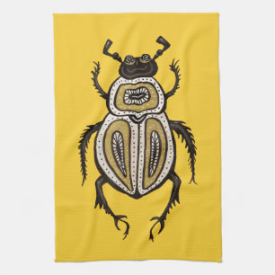Fun Cartoon Beetle Ink Drawn Insect Art on Yellow Tea Towel