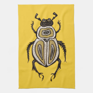 Fun Cartoon Beetle Ink Drawn Insect Art on Yellow Tea Towel