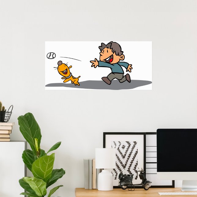 Fun Cartoon Boy and Dog Playing Fetch  Poster (Creator Uploaded)