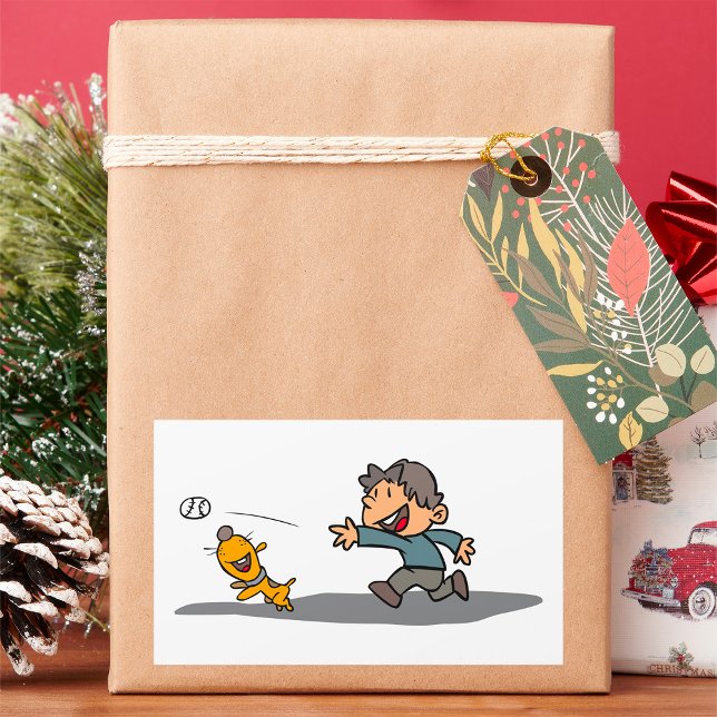 Fun Cartoon Boy and Dog Playing Fetch  Rectangular Sticker (Creator Uploaded)