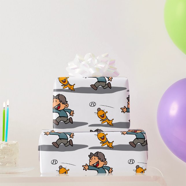 Fun Cartoon Boy and Dog Playing Fetch  Wrapping Paper (Creator Uploaded)