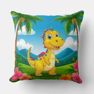 Fun Cartoon Dinosaur in Lush Tropical Jungle Cushion