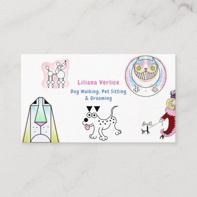 Fun Cartoon Dog Walker Pet Sitter Business Card (Front)